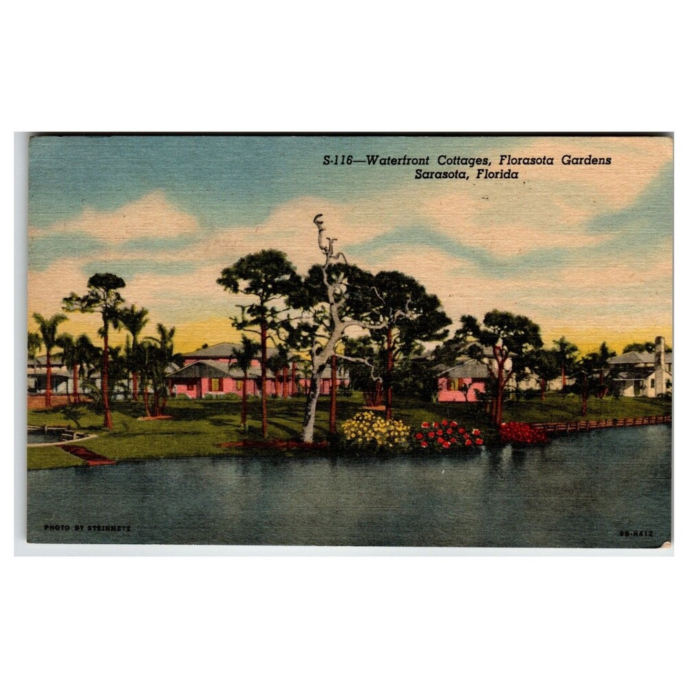 1941 Sarasota FL Waterfront Cottages Florasota Gardens Curteich Postcard